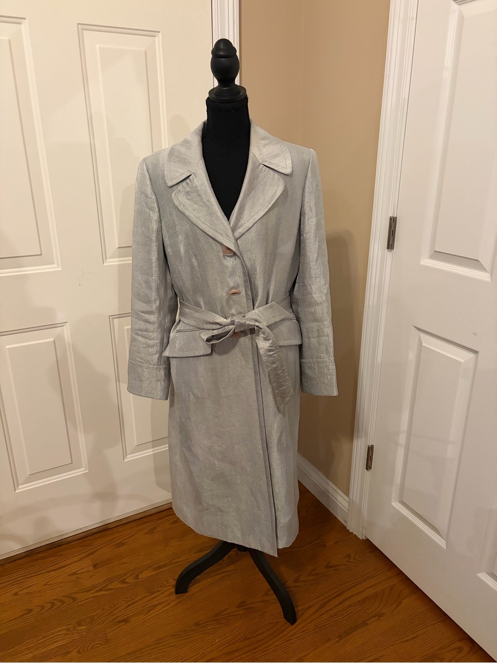 Kasper Silver Shimmer Trench Coat with Tie Belt